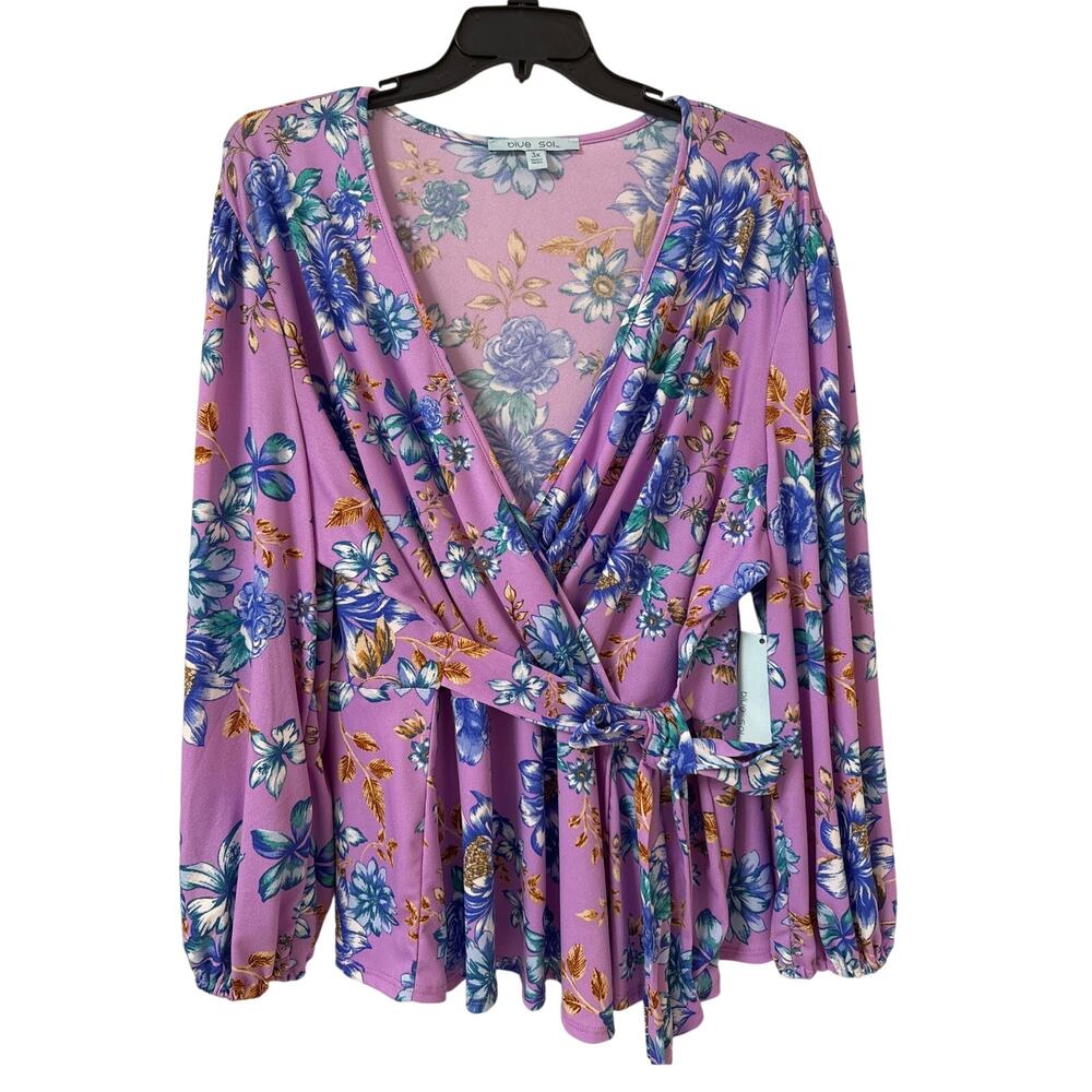NWT Blue Sol Blouse Size 3X Lavender Floral Wrap With Tie, Long Sleeves V Neck